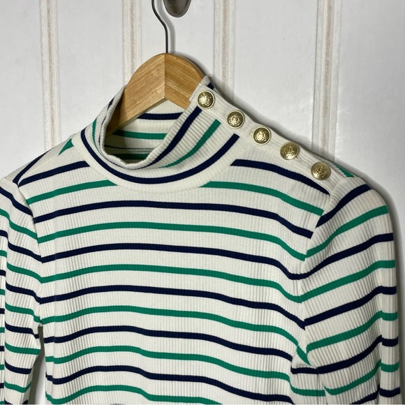 J Crew Women Vintage Rib Green Ivory Striped Turtleneck Gold Buttons XS 644 - Picture 6 of 8